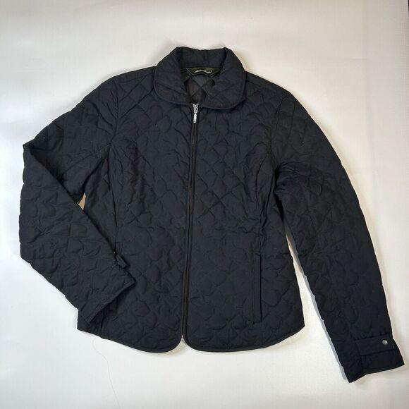 Eddie Bauer Jacket Womens Medium Down Dimmond Quilted Puffer Black Full Zip - Picture 1 of 7